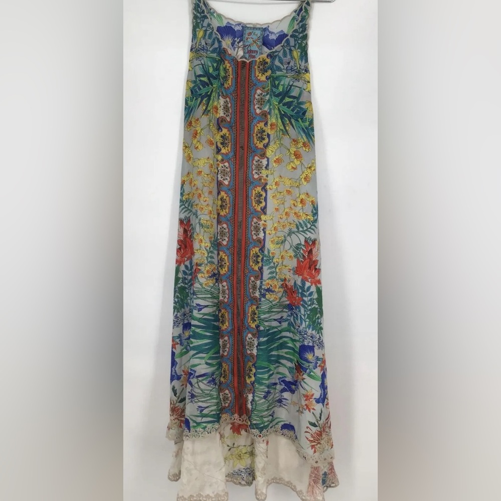 Johnny Was Avalon Print S Floral Birds Sleeveless 100% Silk Hi Low Dress